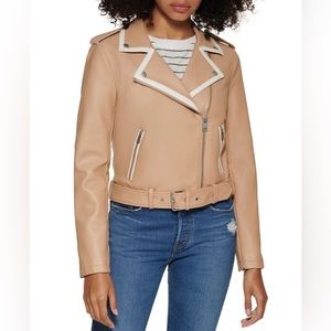 Levi's Women's Faux Leather BEIGE Belted Motorcycle Jacket size L NWT